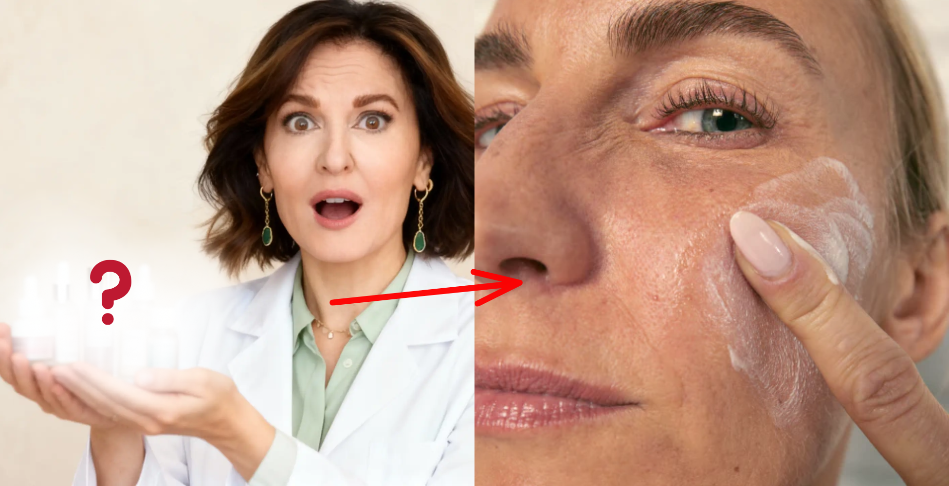 Split image of woman with bottles and close-up of another applying cream.