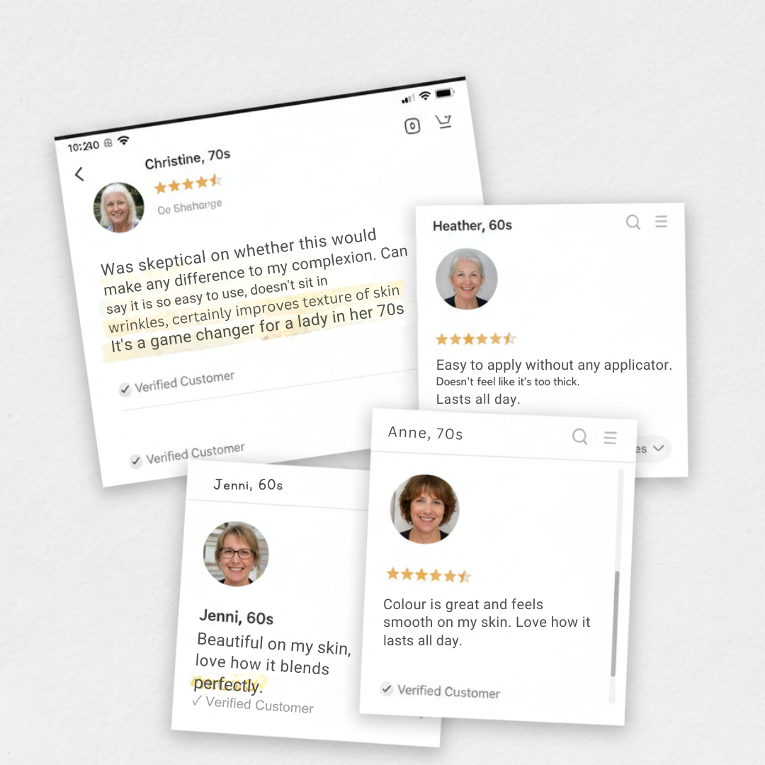 A collage of four positive product reviews from older female customers with their photos and star ratings.
