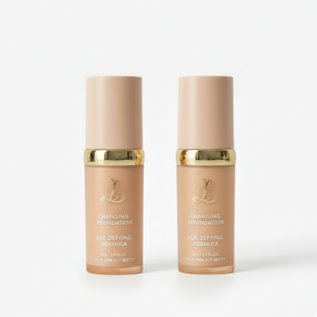 Two bottles of Changing Foundation Age Defying Formula stand side-by-side against a white background.