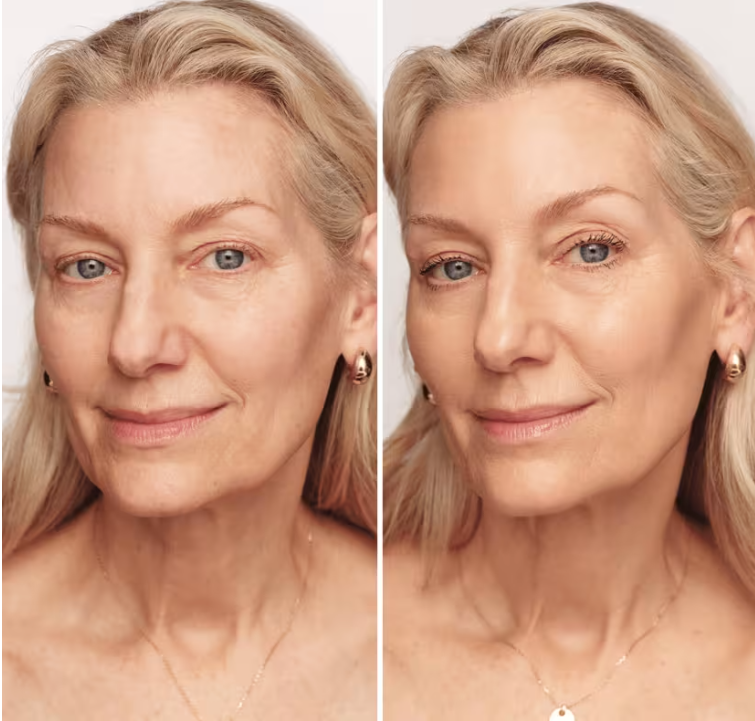 Side-by-side comparison of a woman's face before and after makeup application.