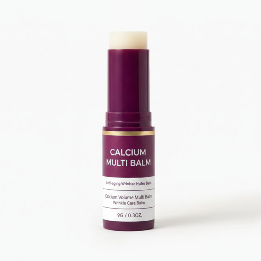 A dark magenta stick of Calcium Multi Balm shown open against a white background.