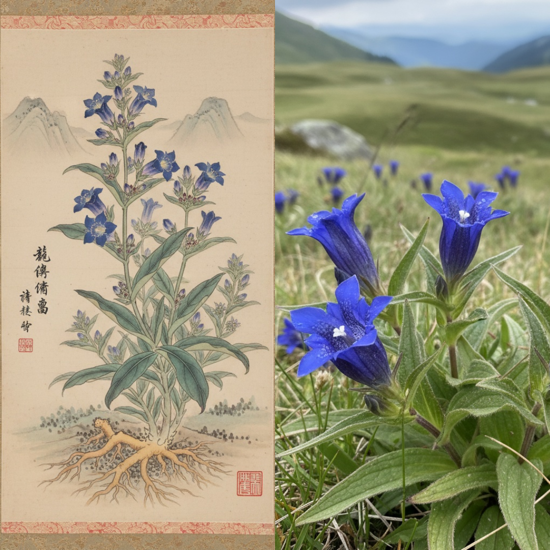 Illustration and photo of blue flowering plant in natural habitat.