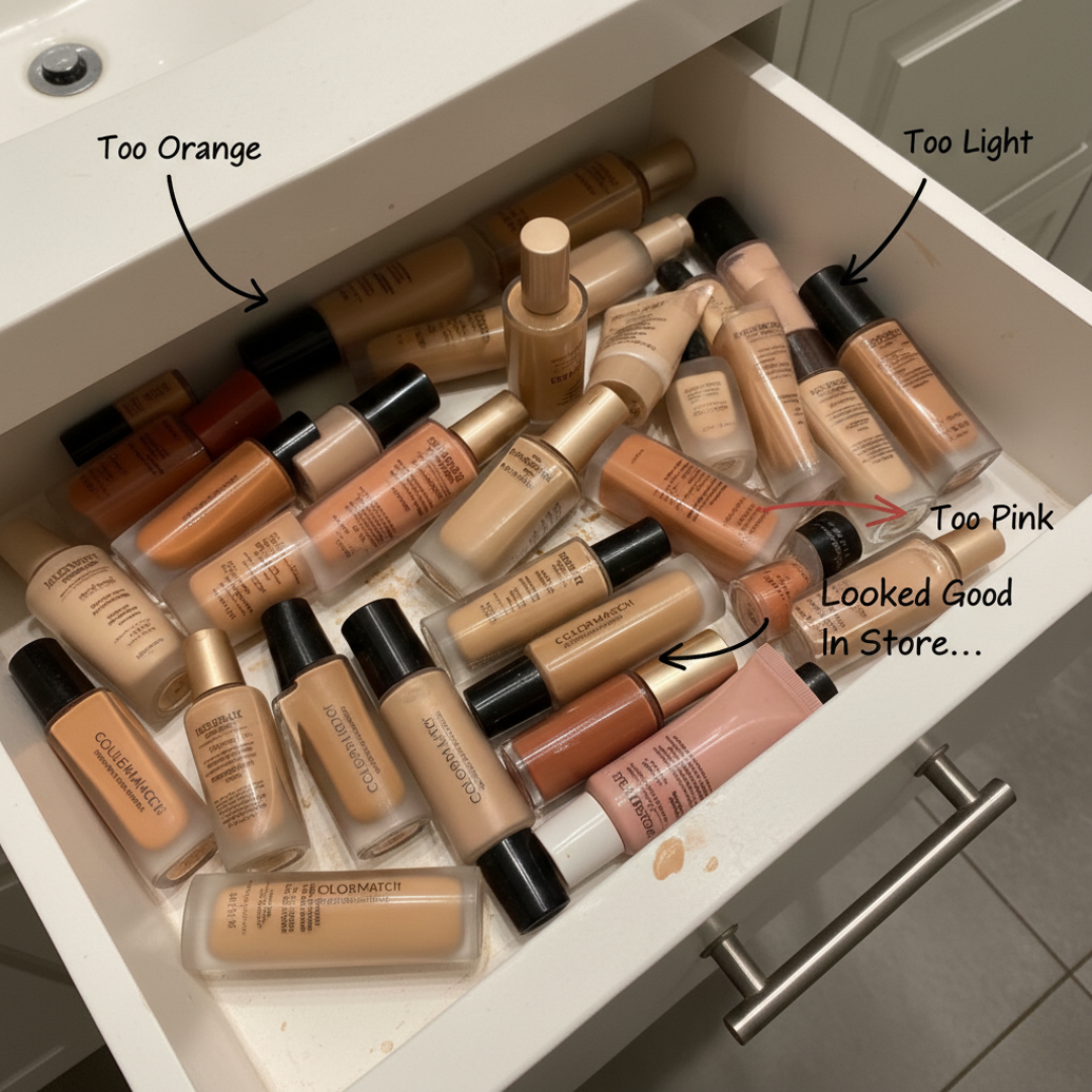 A drawer filled with many bottles of mismatched liquid foundation, with labels pointing out incorrect shades.