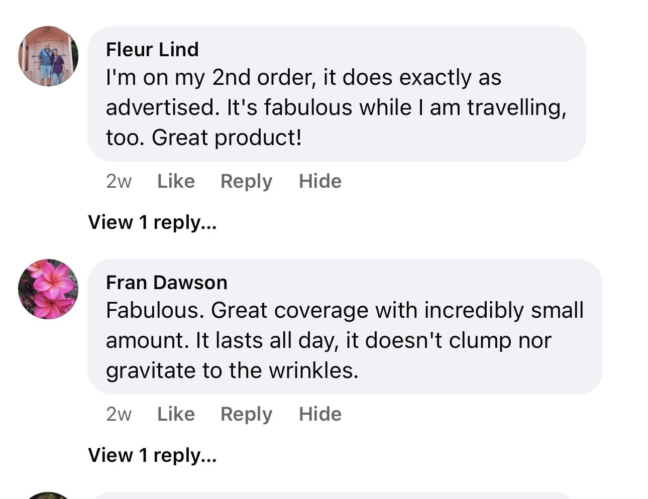 Two positive comments about a product with user profile pictures.