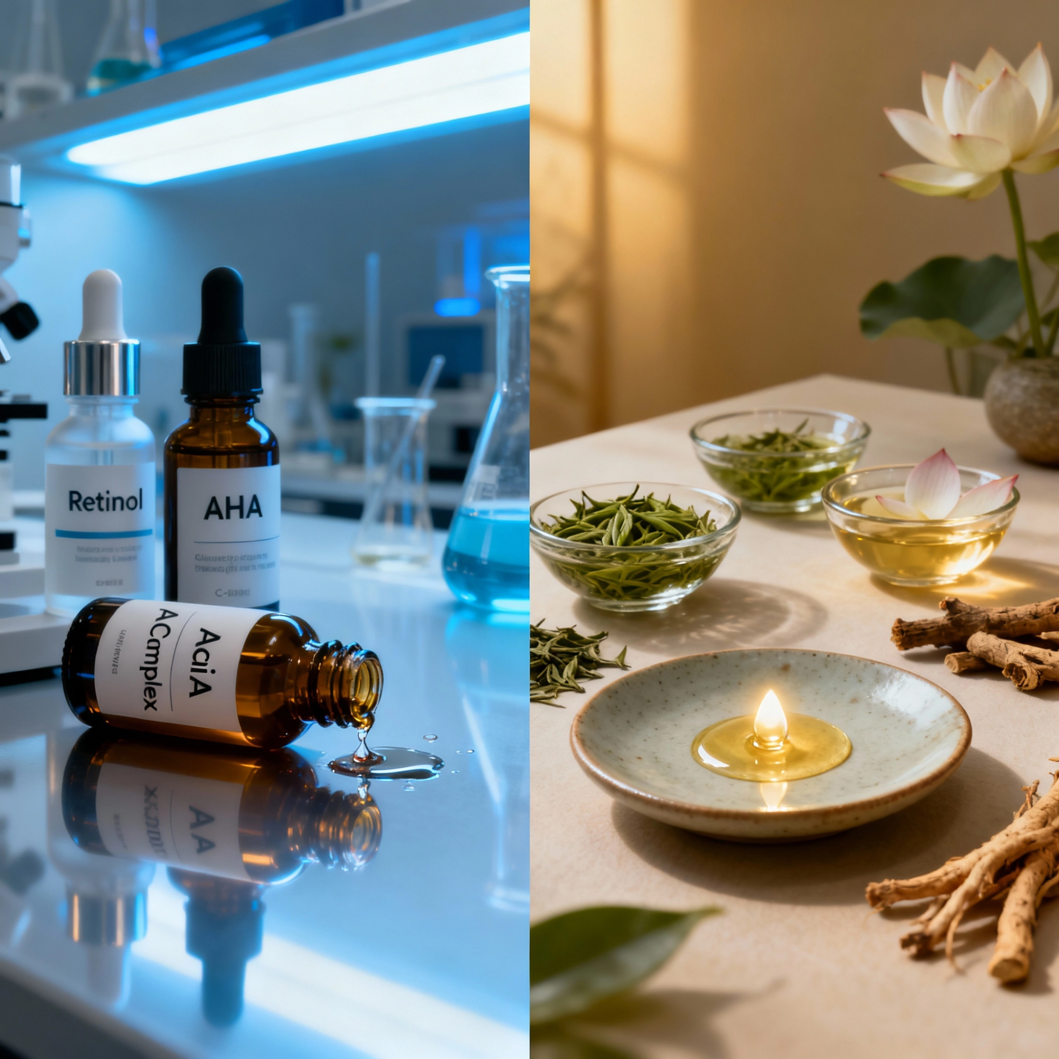 Two scenes: lab with skincare bottles, and a spa setup with herbs and candle.