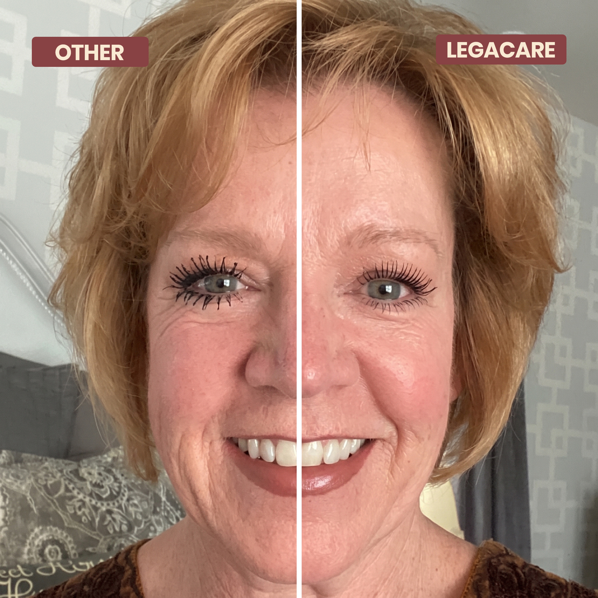 A split-screen close-up of a woman's face comparing mascara results, labeled 'OTHER' and 'LEGACARE'.