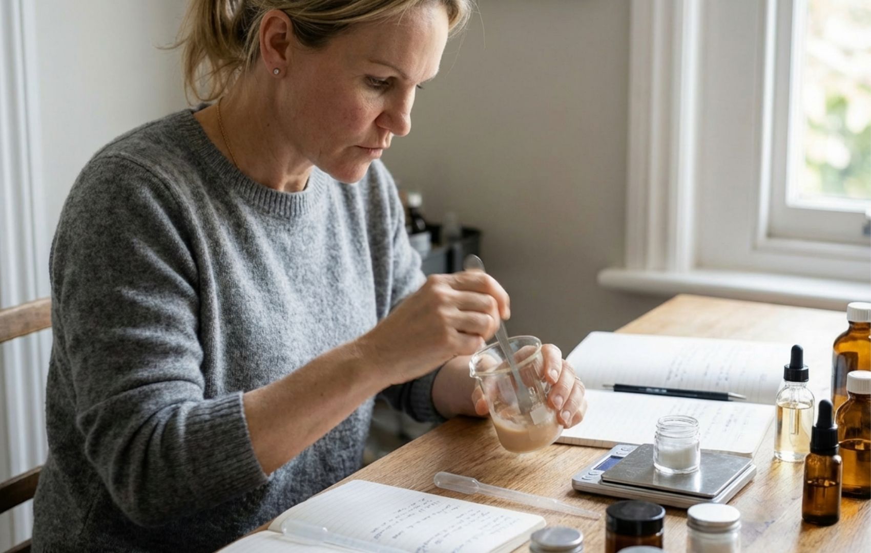 A woman in a grey sweater sits at a table mixing a substance in a beaker.