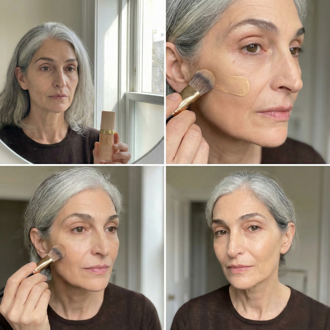 A four-panel collage showing a woman with grey hair applying foundation with a makeup brush.