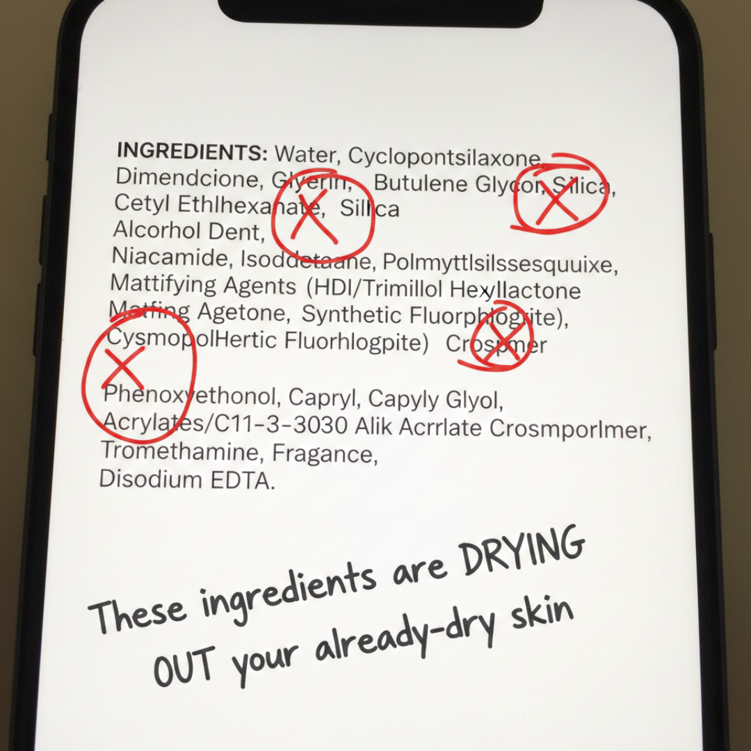 A smartphone screen showing an ingredients list with some items circled and crossed out in red.