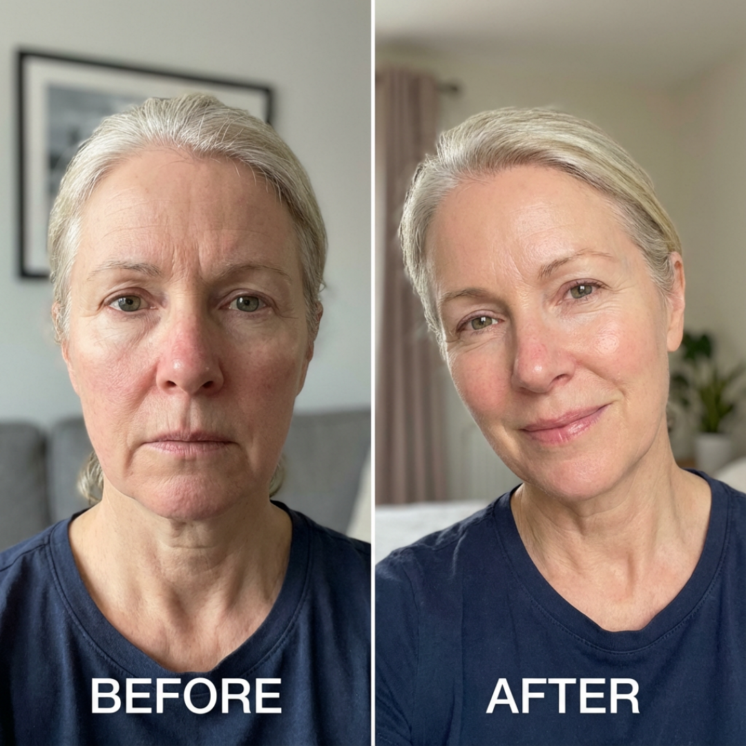 Split image showing a person before and after, with different expressions.