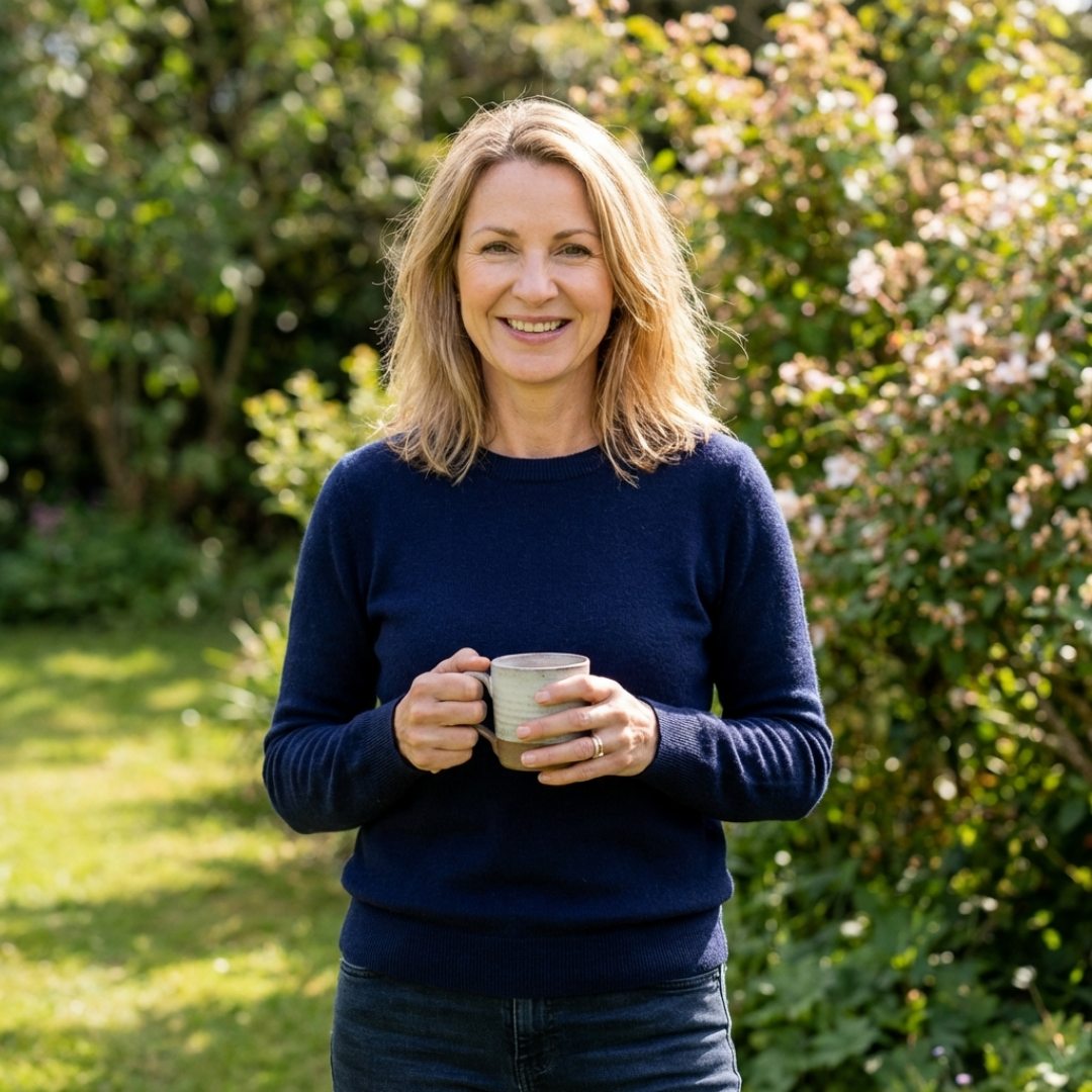 A smiling woman in a blue sweater and jeans holds a mug in a sunny garden.