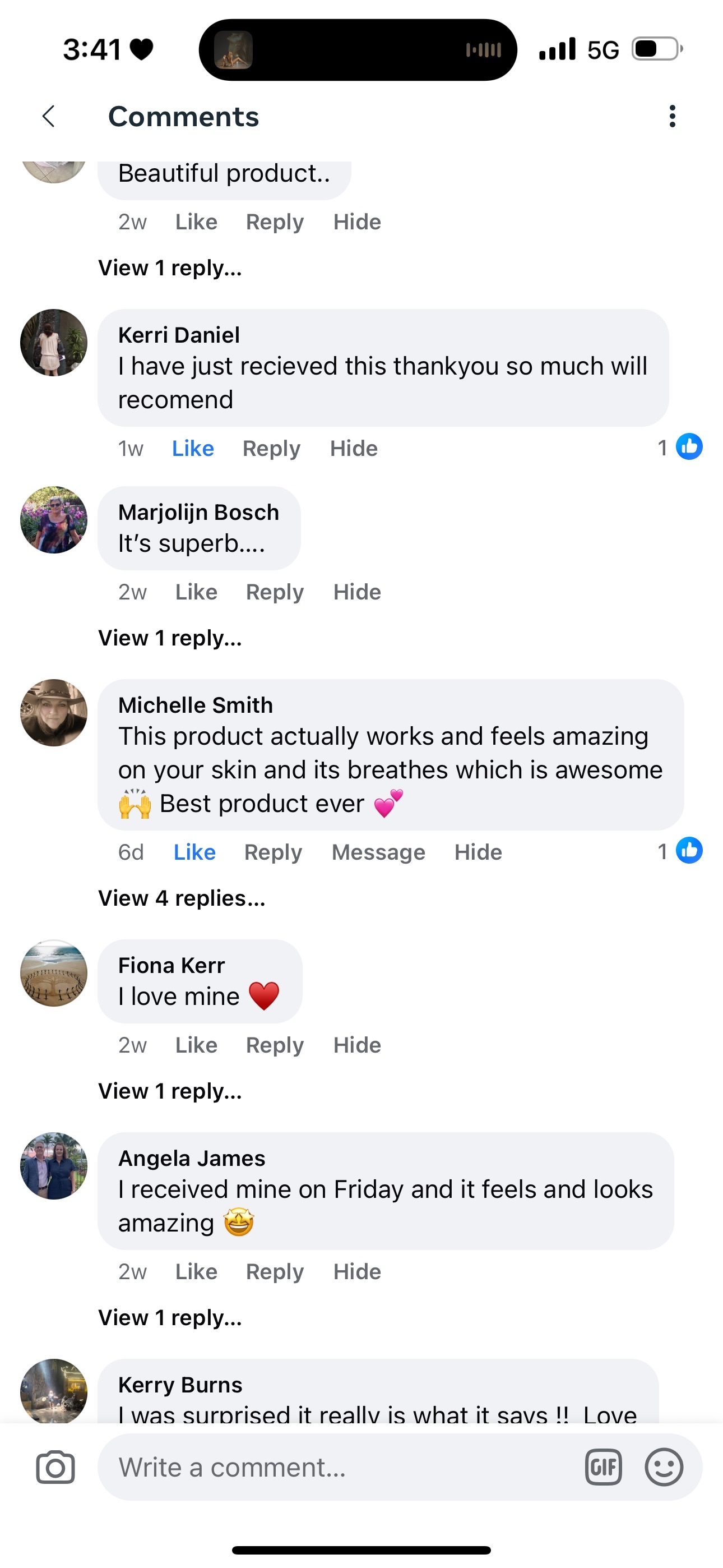 Screenshot of a social media post comments section about a product.