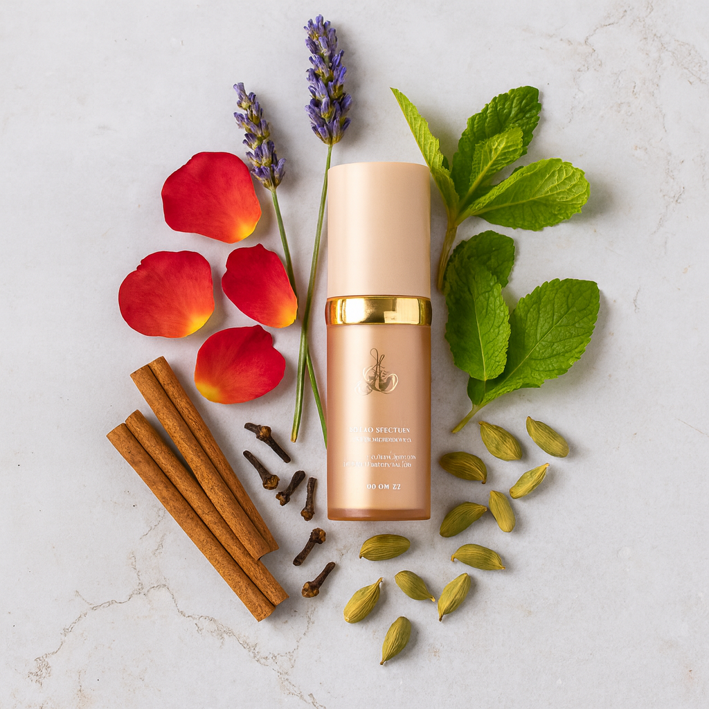 Cosmetic bottle surrounded by lavender, rose petals, cinnamon, cloves, mint, and cardamom on marble surface.