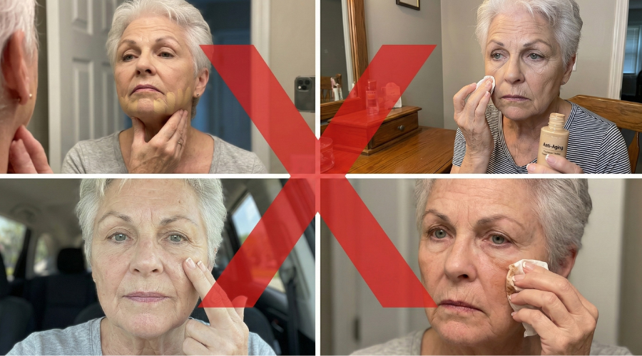 A four-panel collage of a mature woman applying makeup, with a large red X over the entire image.