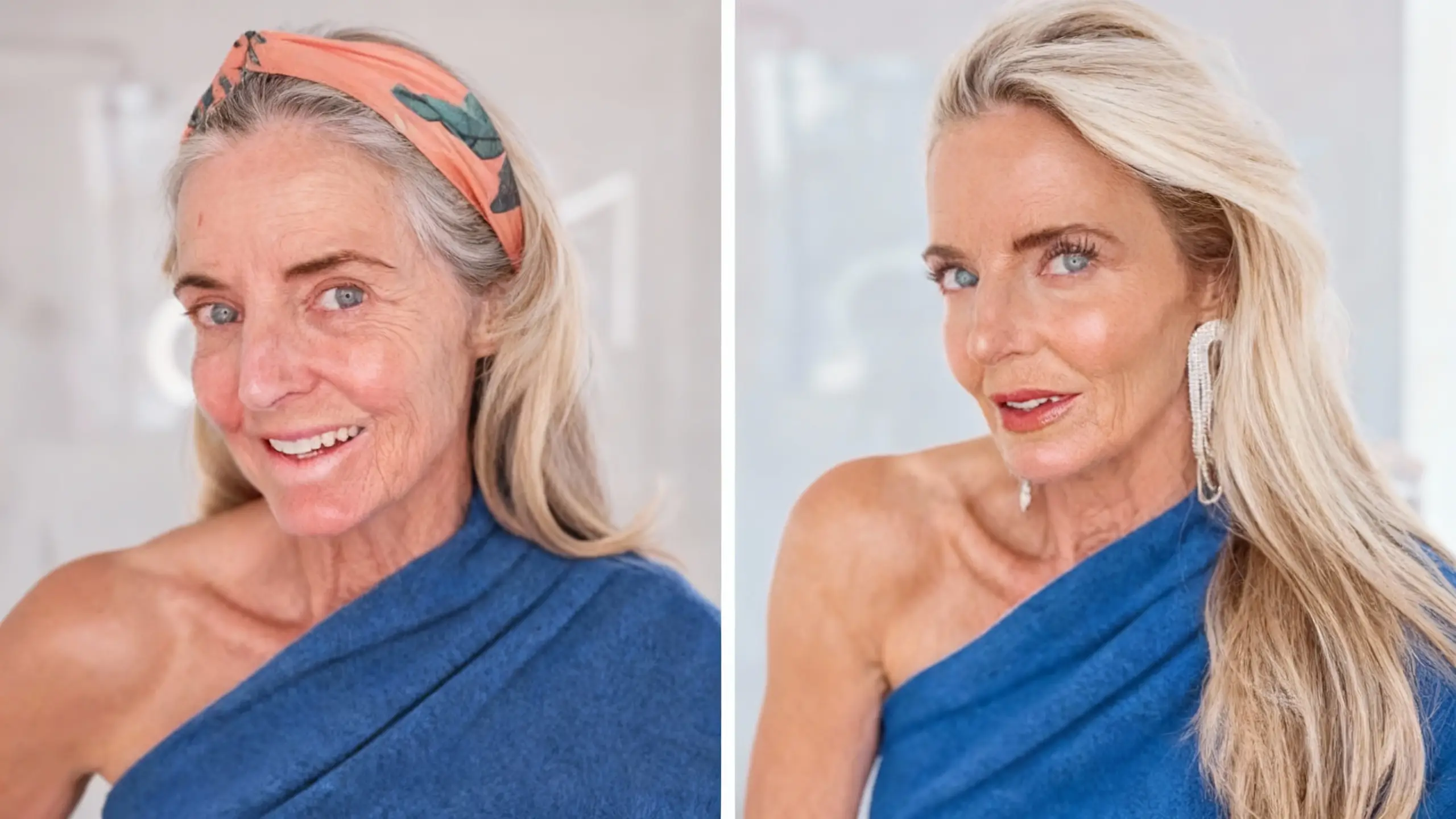Side-by-side images of a woman before and after makeup.