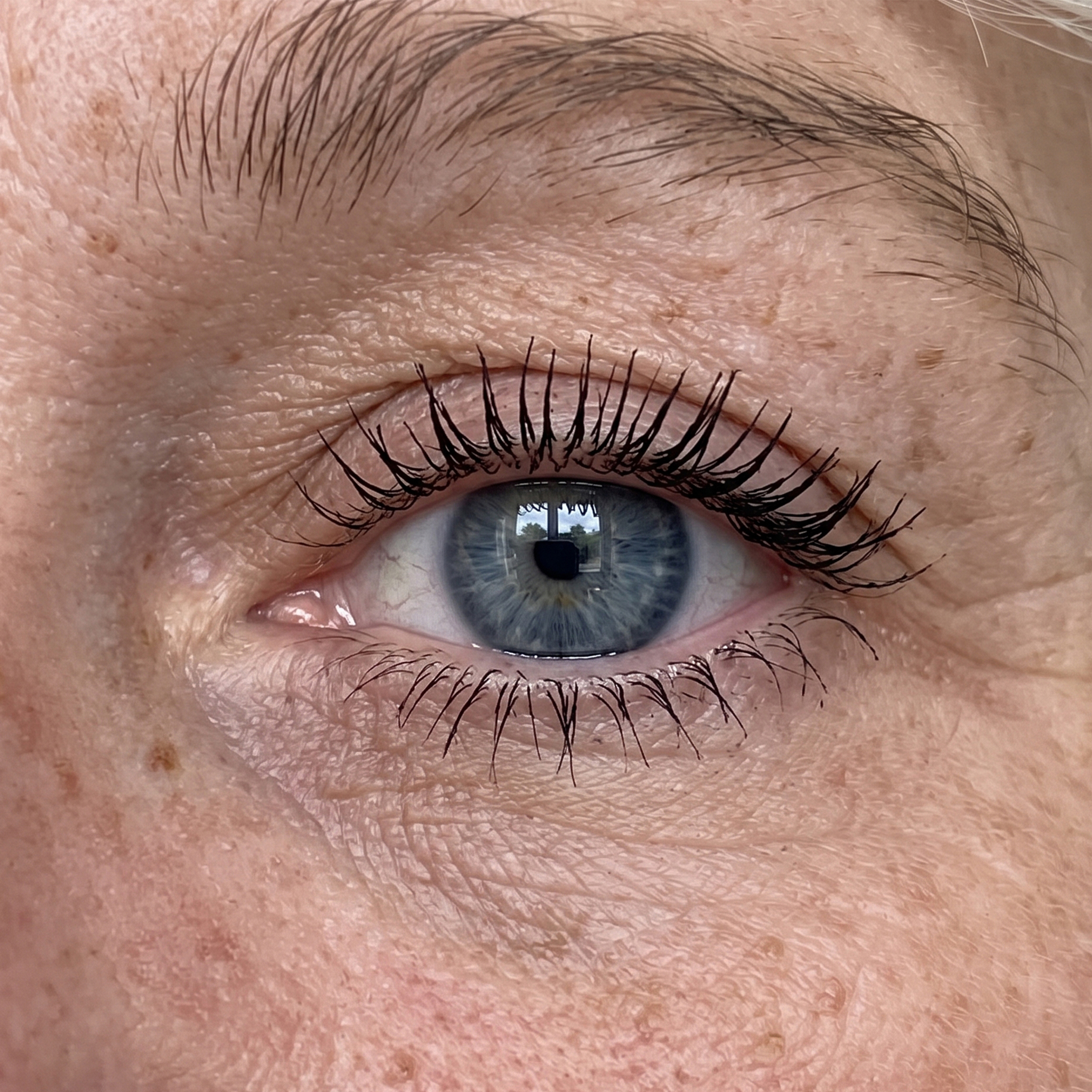 A close-up of a person's blue eye with mascara on the eyelashes and visible wrinkles.