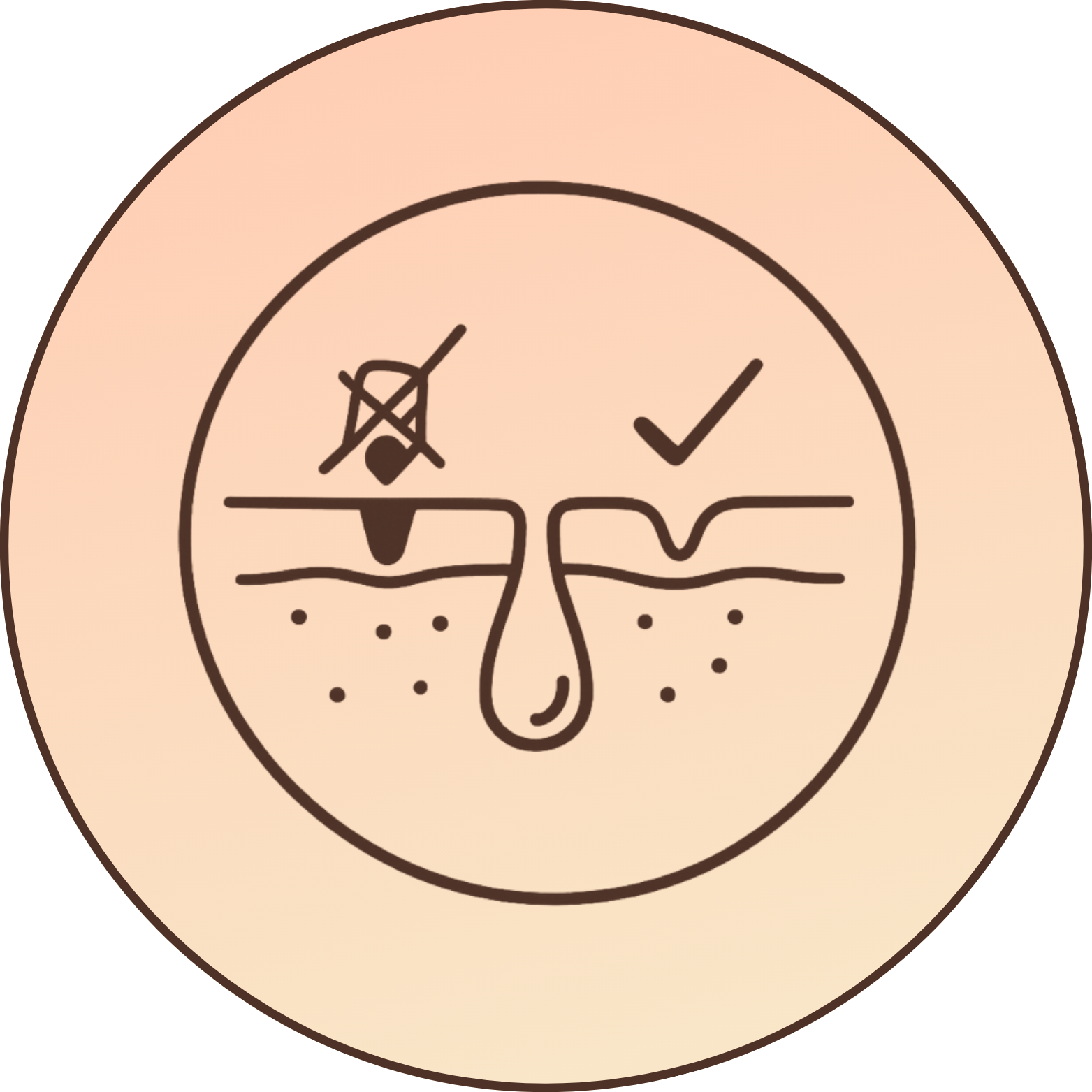 Illustration of a clogged pore with a check mark and an X symbol.