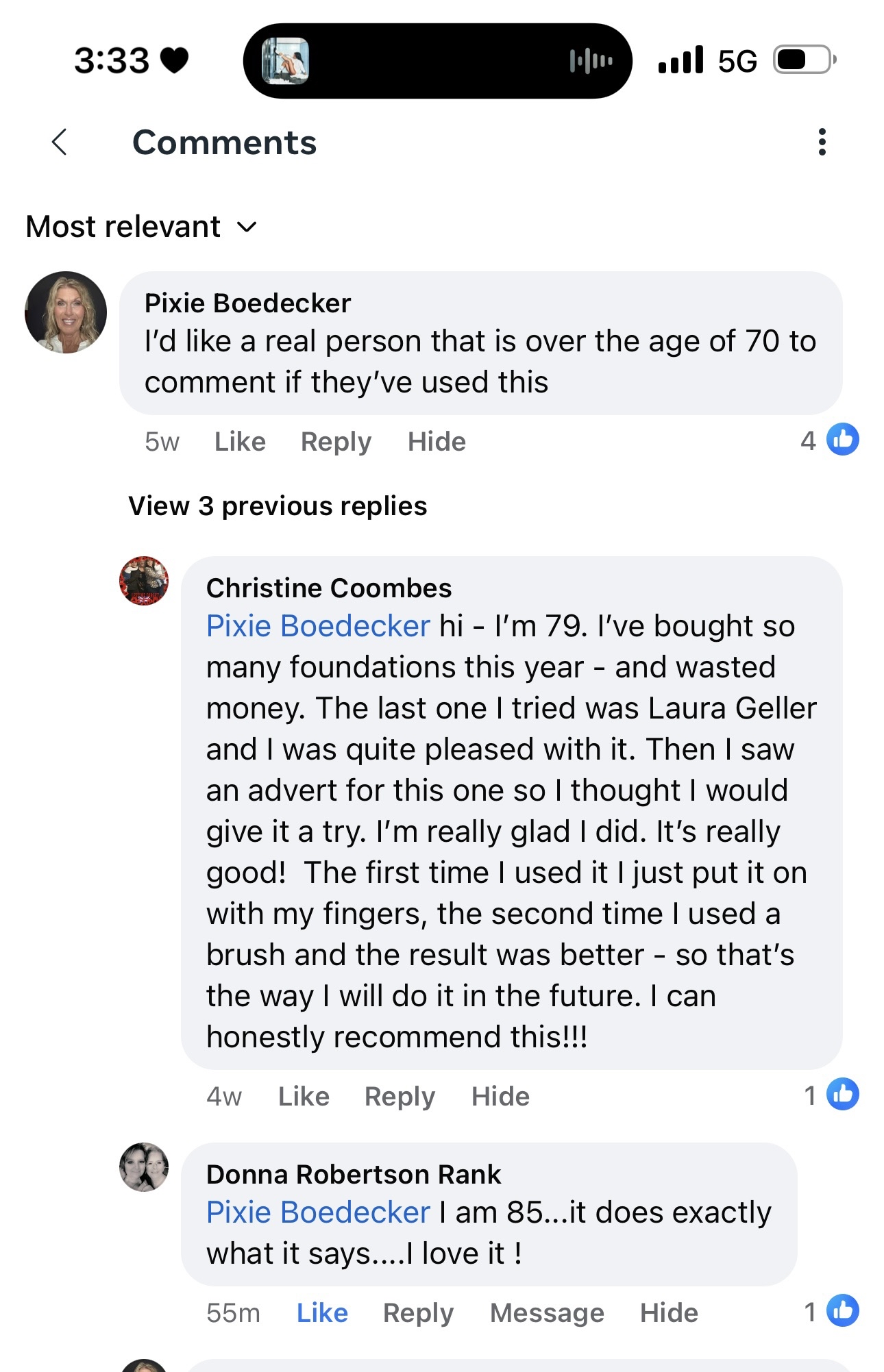 Facebook comment thread discussing experiences with a makeup product.