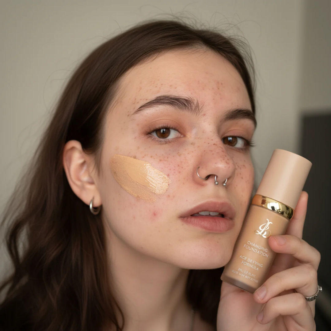 A woman with a swatch of foundation on her cheek holds up the product bottle.