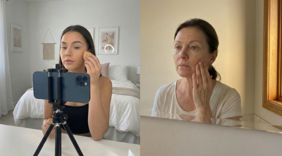 A smiling older woman with grey hair looks at her reflection in a bathroom mirror, gently touching her neck.