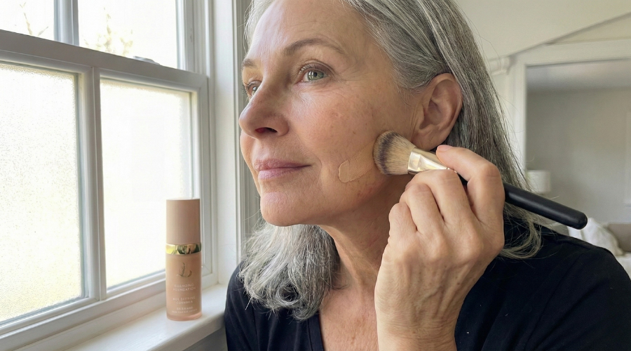 A woman with grey hair applies foundation to her cheek with a large makeup brush by a window.