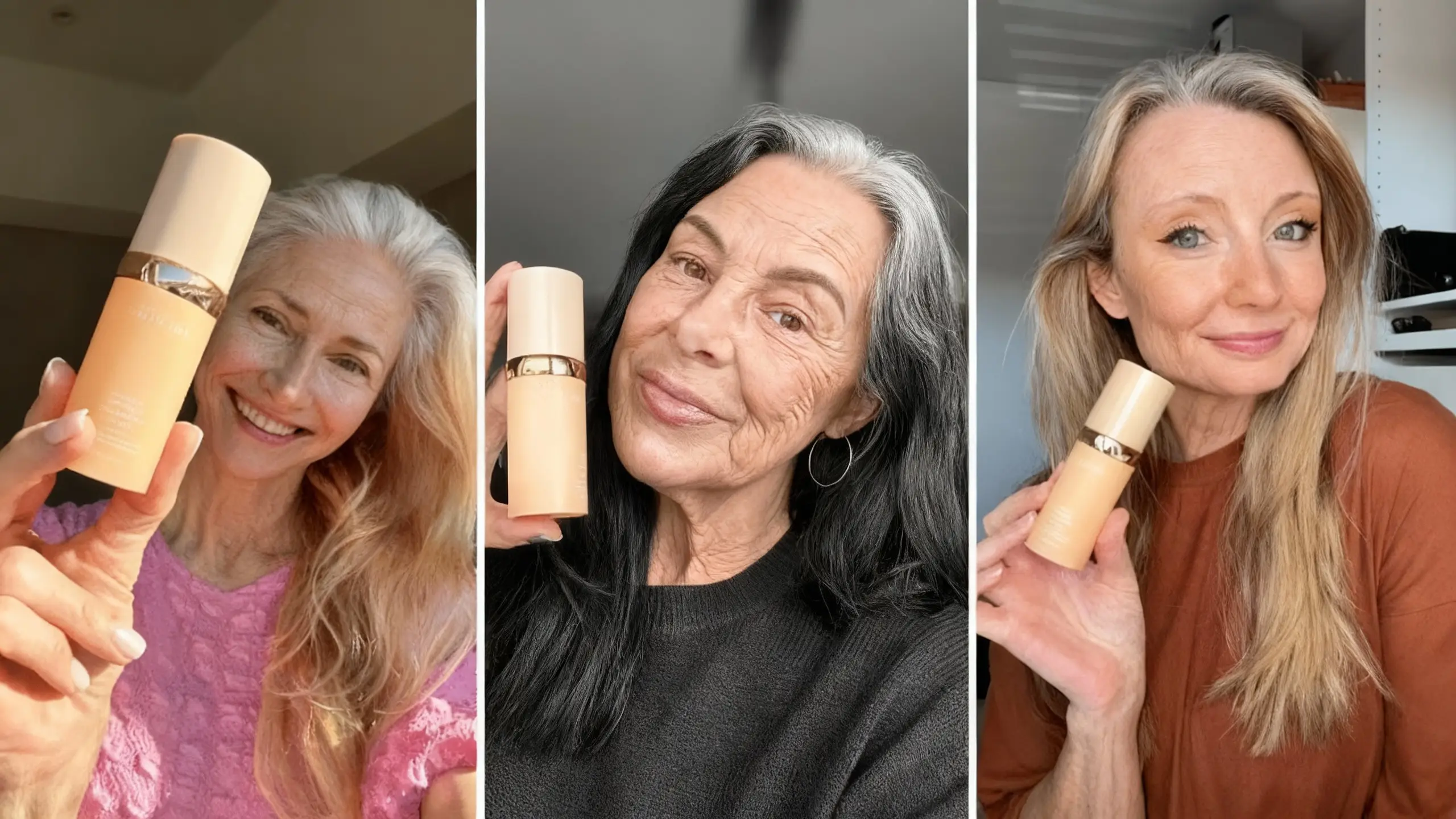 Three women holding bottles of skincare product, each smiling at the camera.