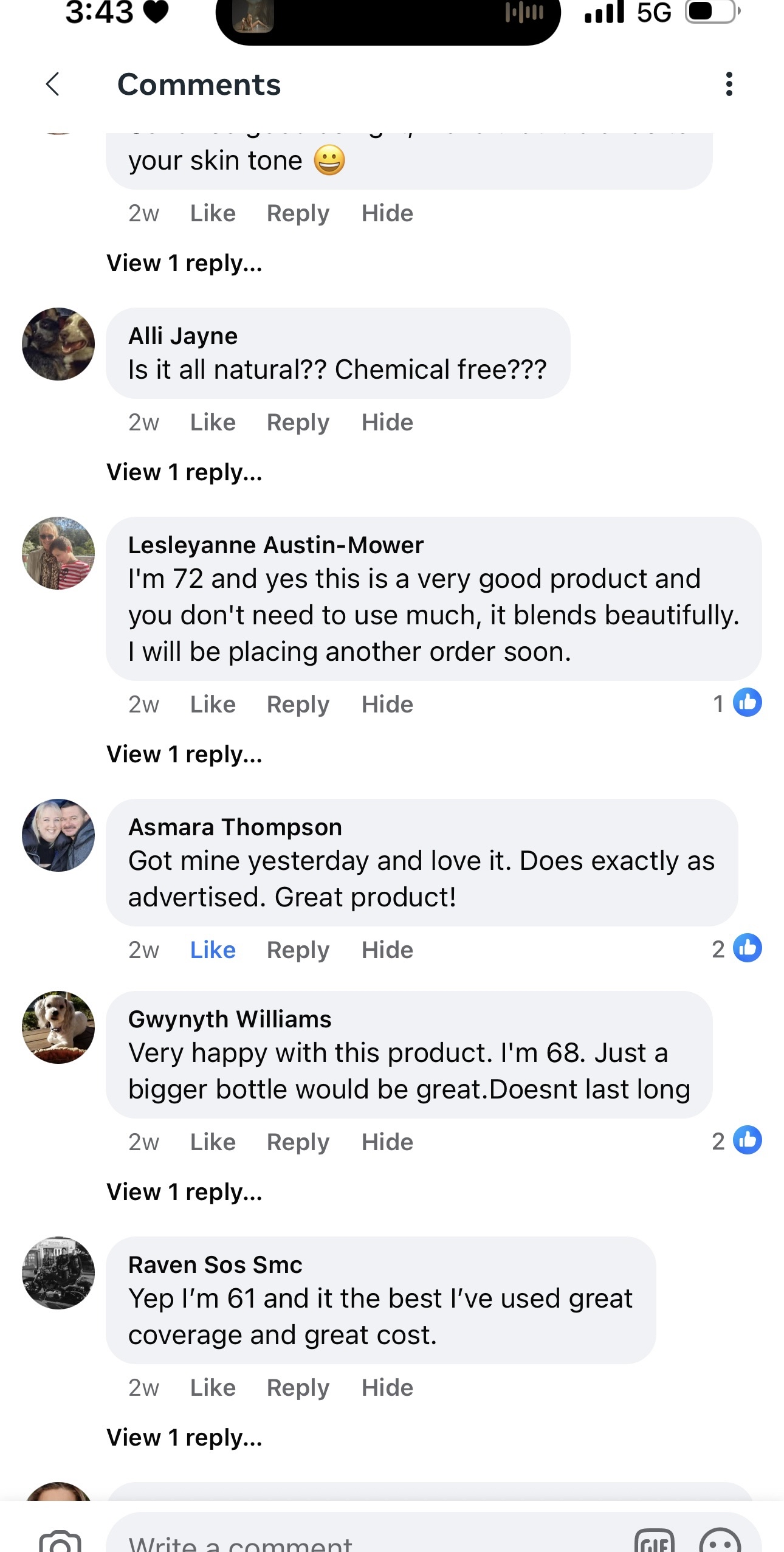 Screenshot of a Facebook comments section discussing a product.