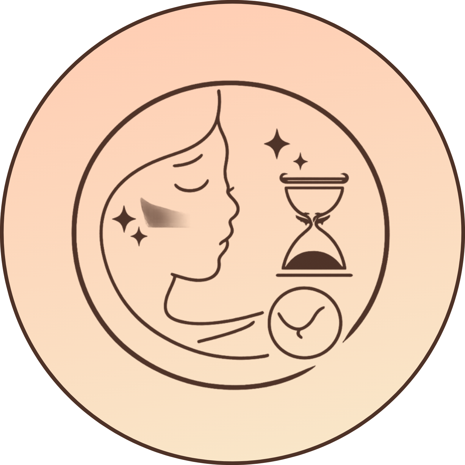Stylized profile of a face with hourglass and sparkles on a circular gradient background.