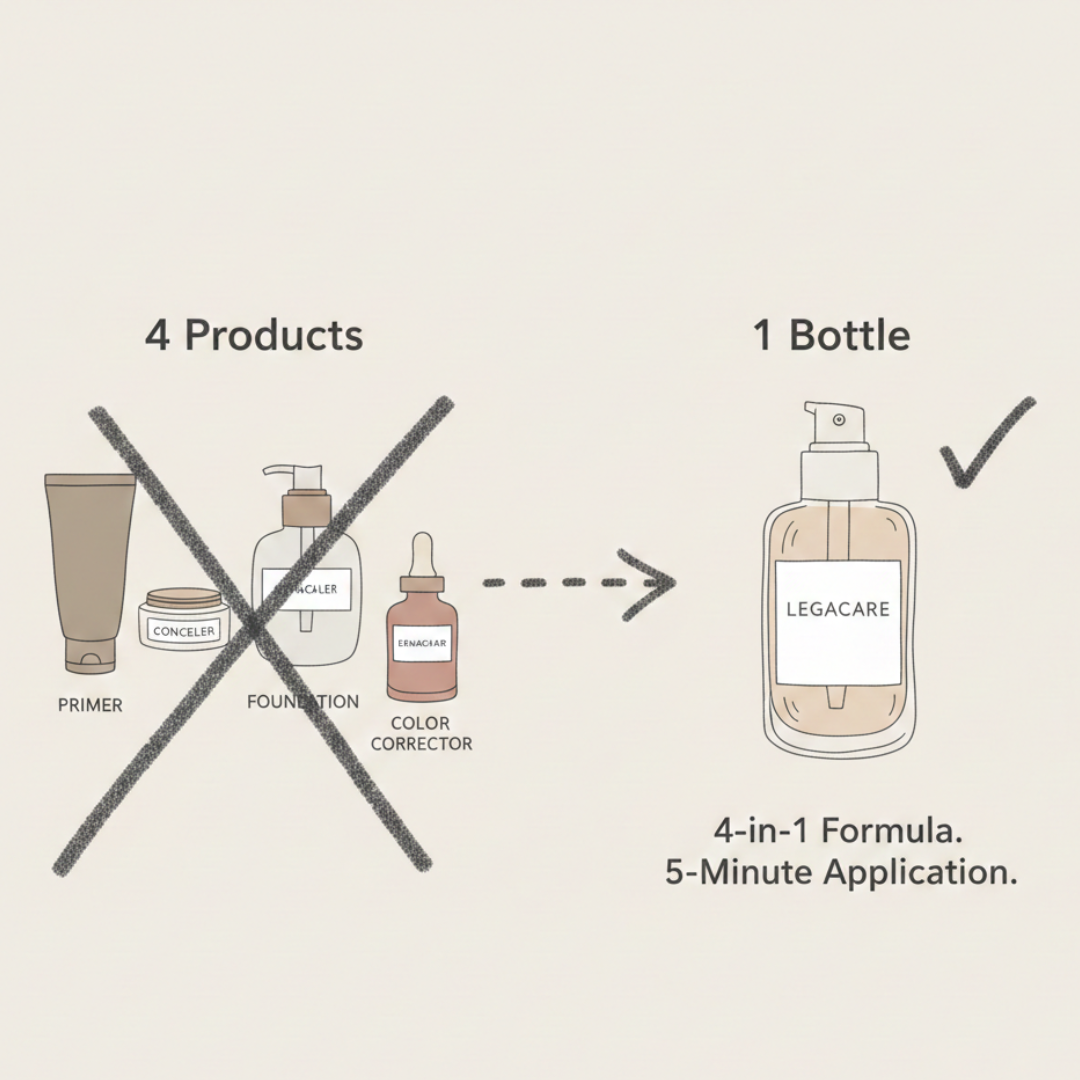 A diagram showing four makeup products crossed out, replaced by a single bottle of Legacare 4-in-1 formula.
