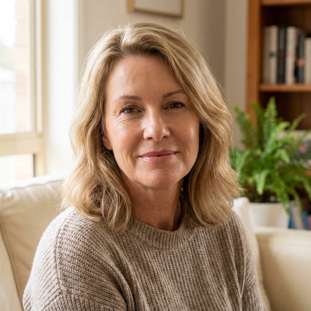 A middle-aged woman with blonde hair and a beige sweater smiles while sitting on a couch indoors.