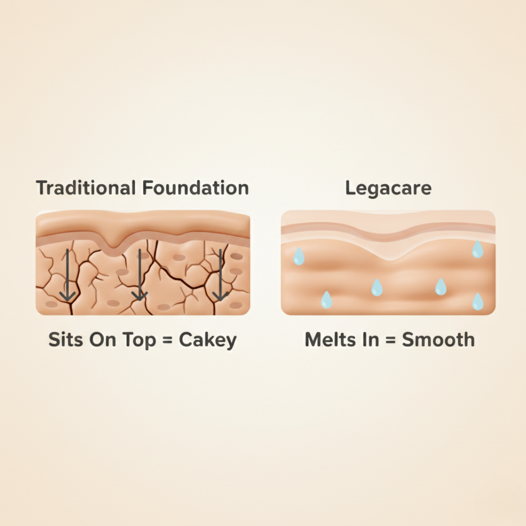 An illustration comparing cakey traditional foundation on dry skin to a smooth foundation melting into hydrated skin.