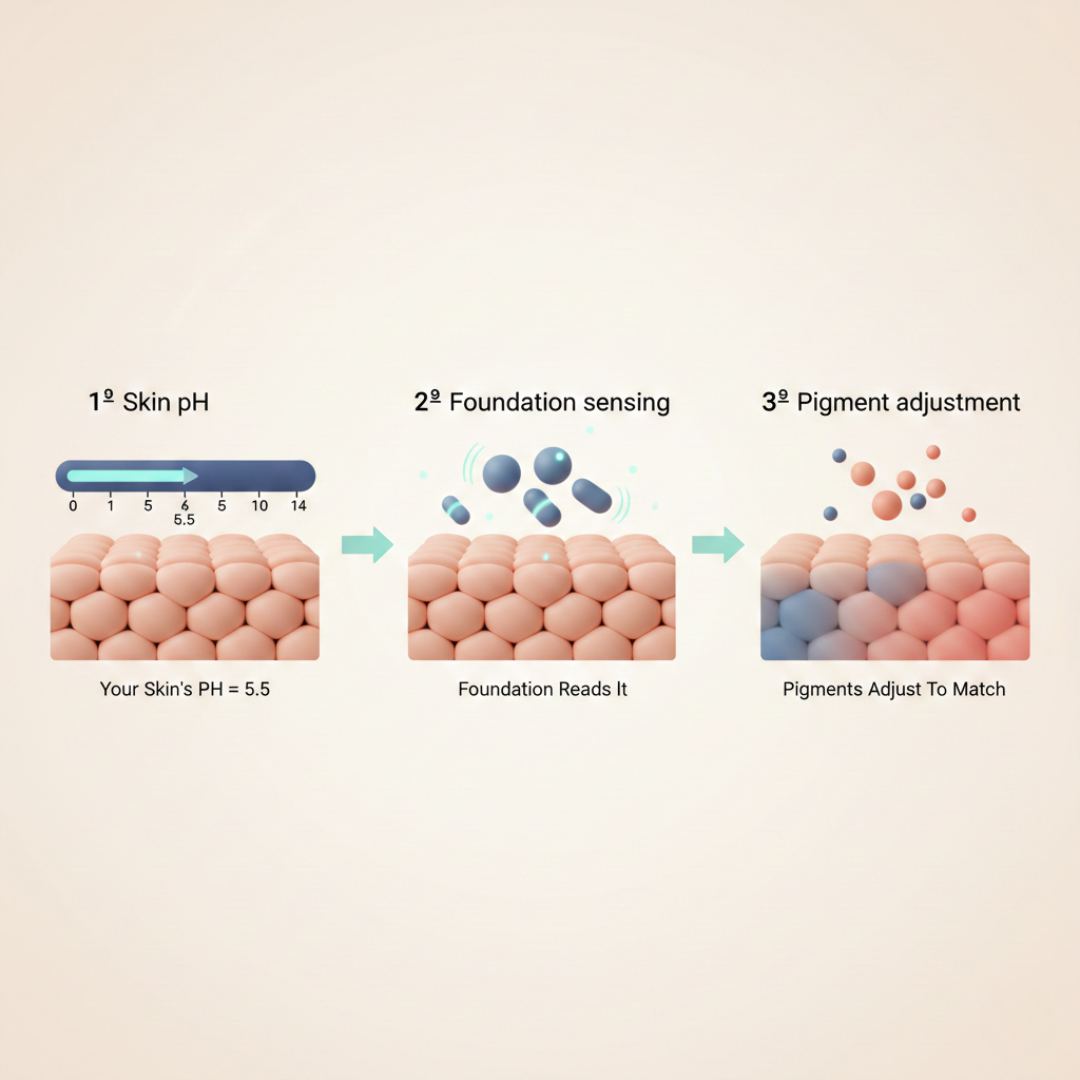 Infographic showing foundation pigment adjusting to match skin pH in a three-step process.