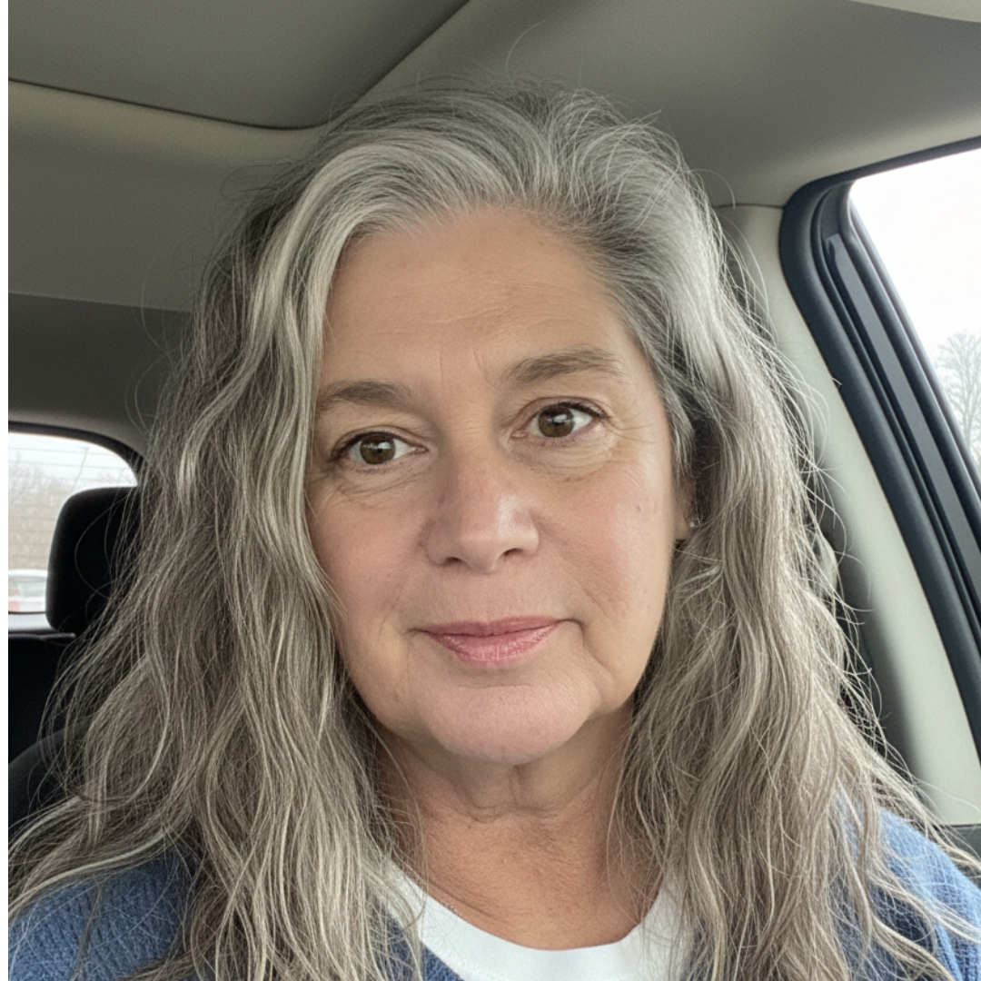 A woman with long, wavy, gray hair looks at the camera from inside a car.