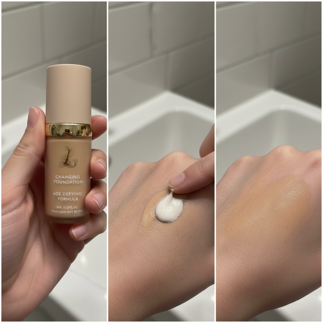 A triptych showing a foundation that applies white and blends to match skin tone on a hand.