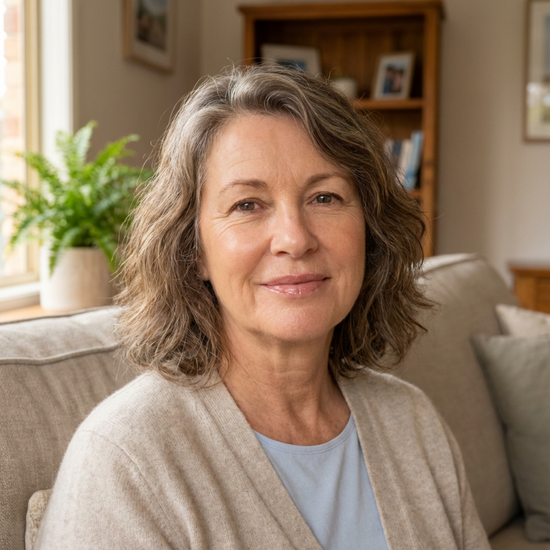 A smiling, middle-aged woman with wavy, graying hair sits on a couch in a living room.