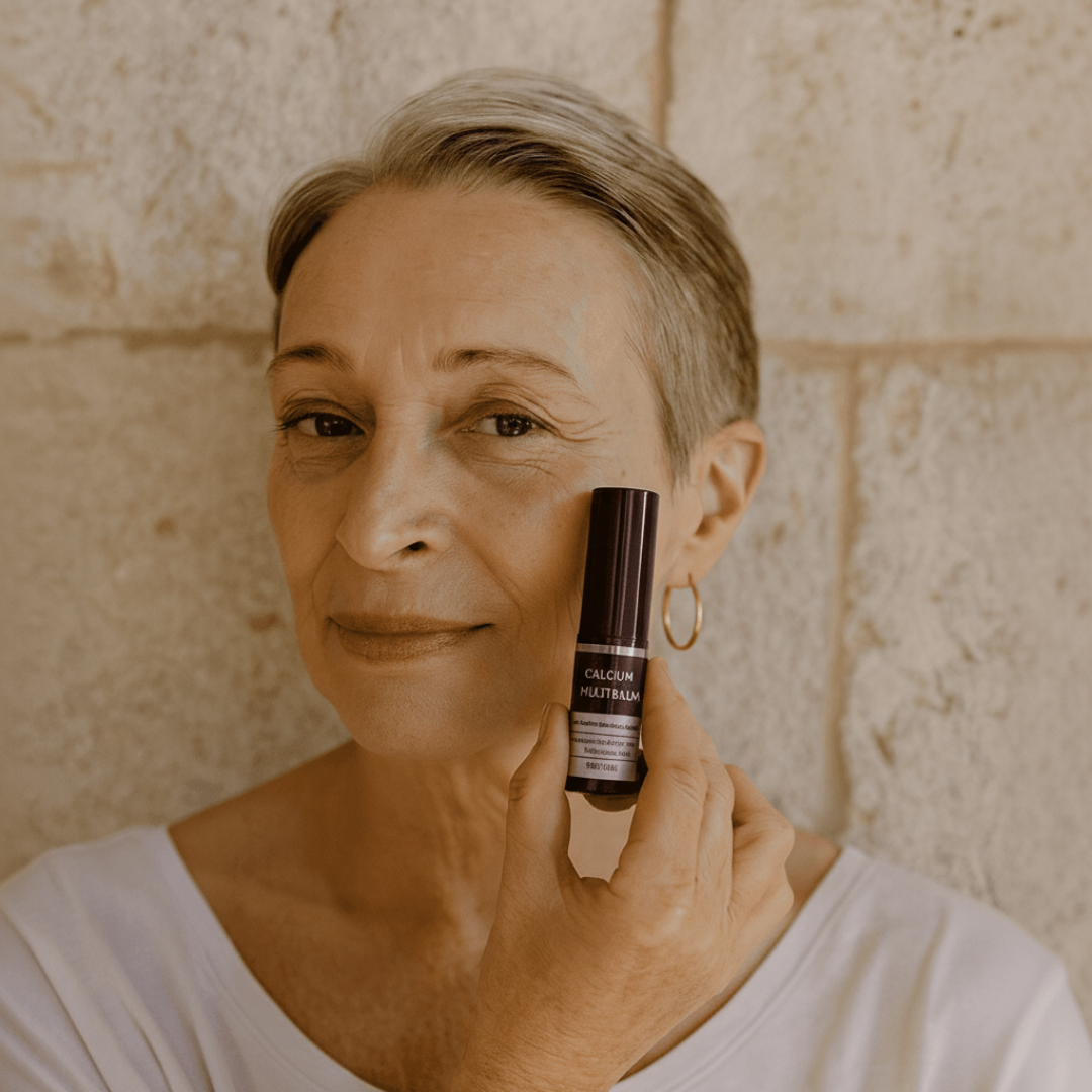 Person holding a skincare product beside their face, standing against a stone wall.