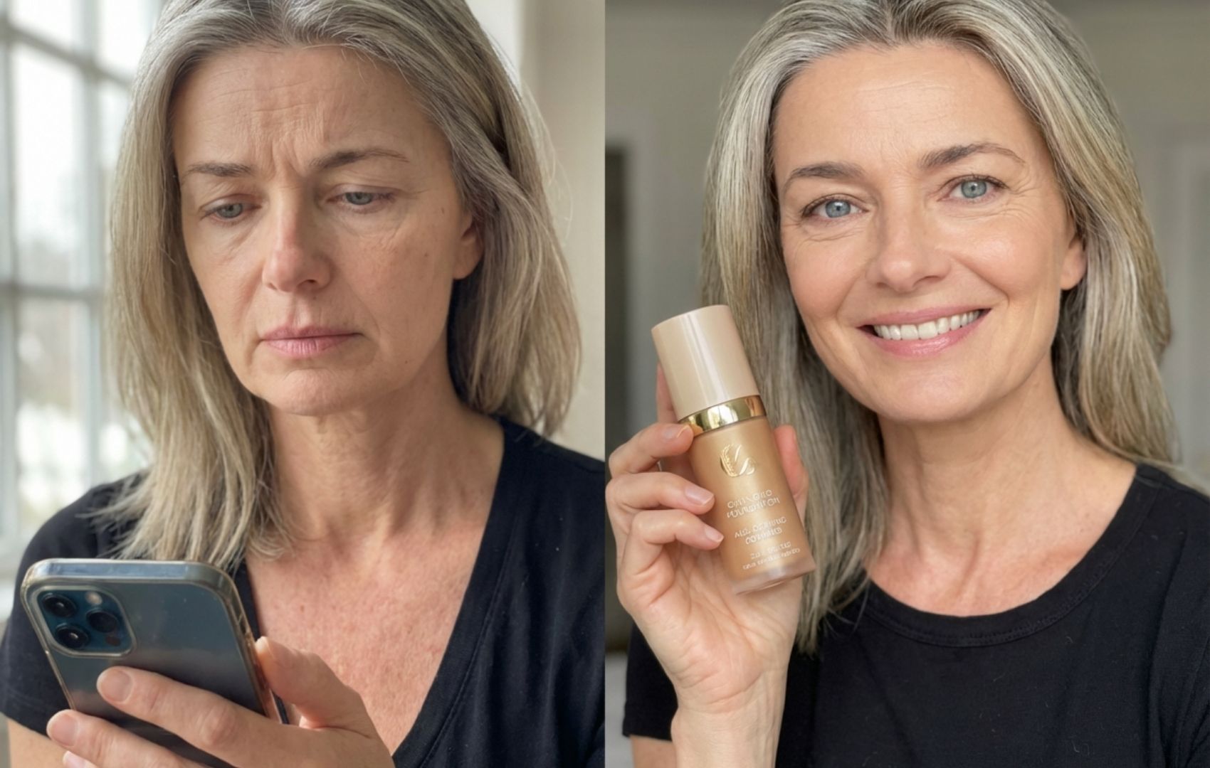 A split image of a woman's face before and after applying foundation, which she holds while smiling.