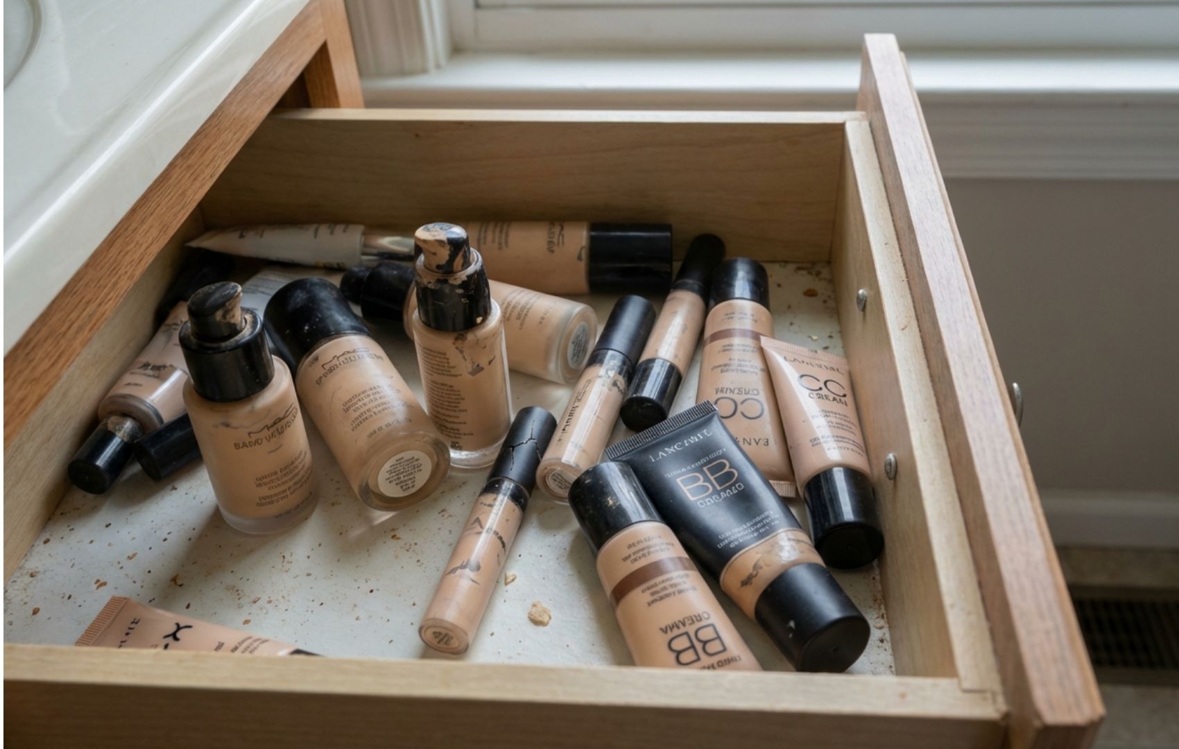 A messy wooden drawer full of various used foundation, BB cream, and CC cream bottles and tubes.