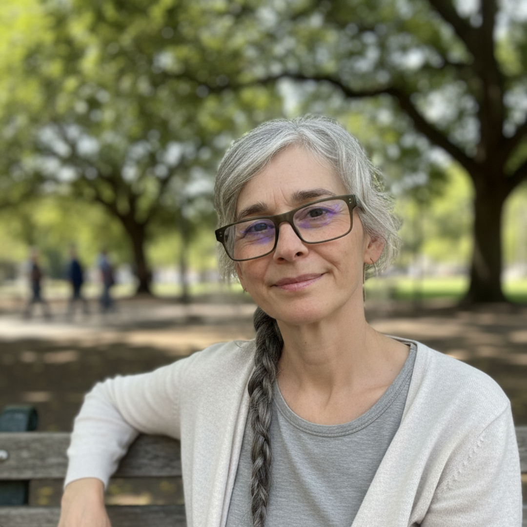 A woman with glasses and long gray hair in a braid, sitting on a bench in a park.