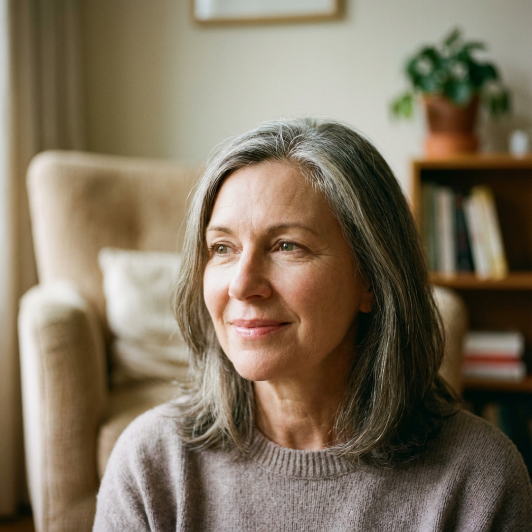 A smiling woman with graying hair looks thoughtfully to the side while sitting in a living room.