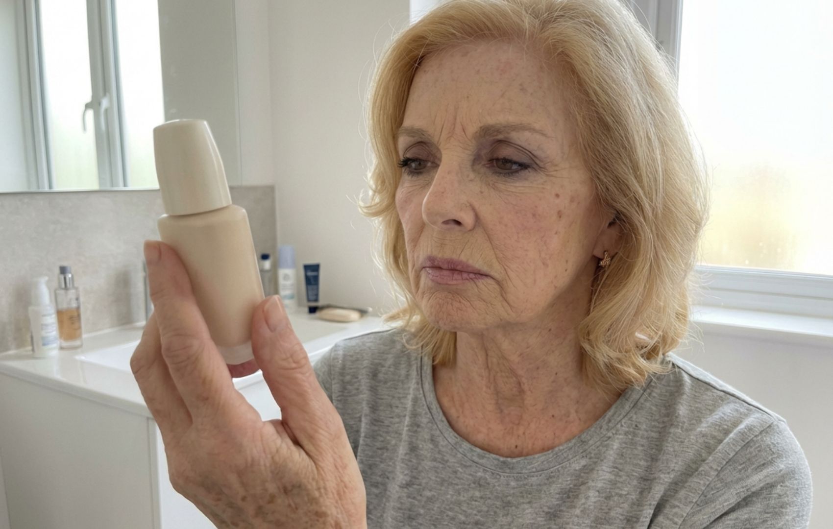 An older woman with blonde hair looks closely at a bottle of foundation she is holding.