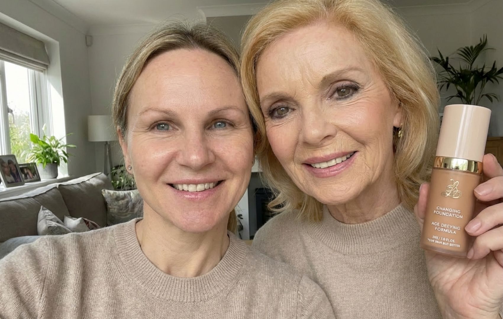 Two smiling women posing side-by-side, one bare-faced and the other wearing makeup and holding a foundation bottle.