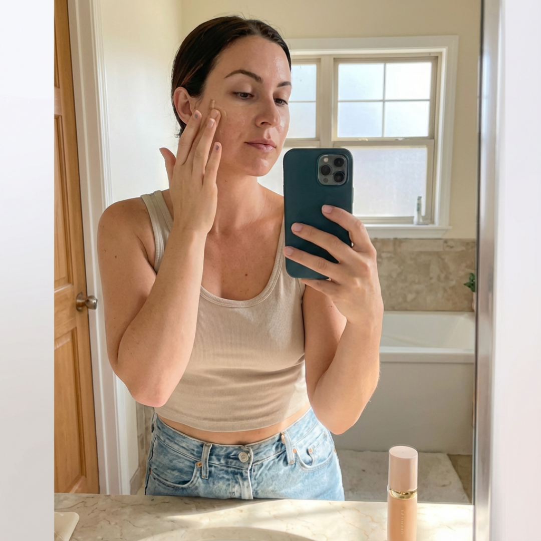 A woman takes a selfie in a bathroom mirror while applying a beauty product to her face.