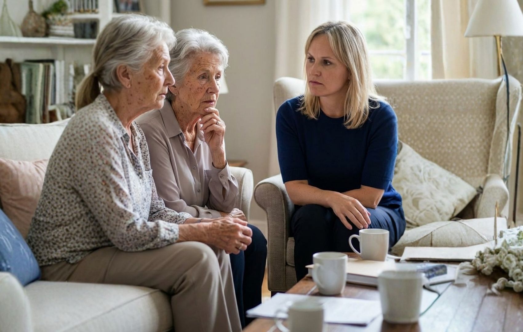 Two elderly women and a younger woman sit in a living room having a serious conversation.