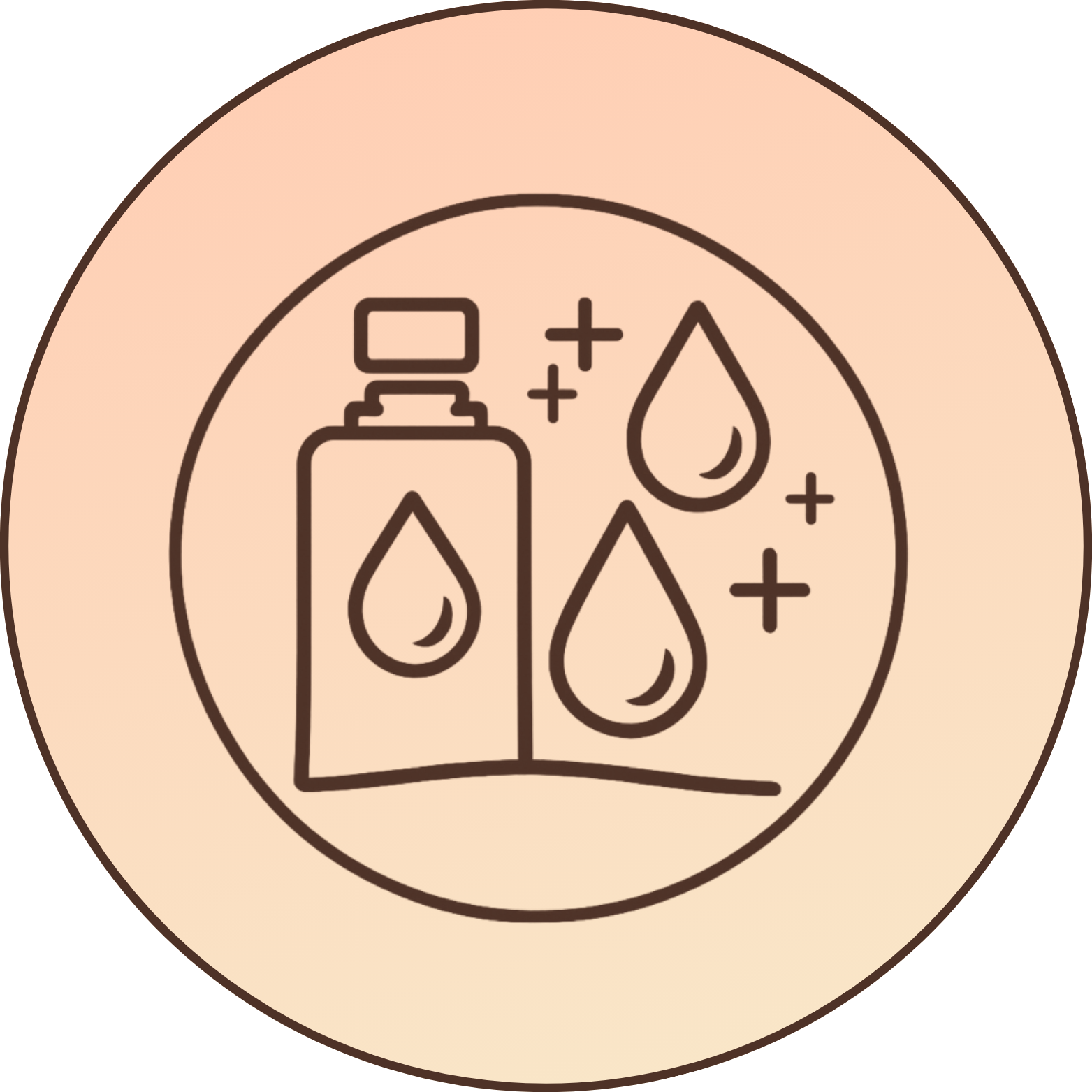 Line drawing of a bottle with droplets and sparkles.