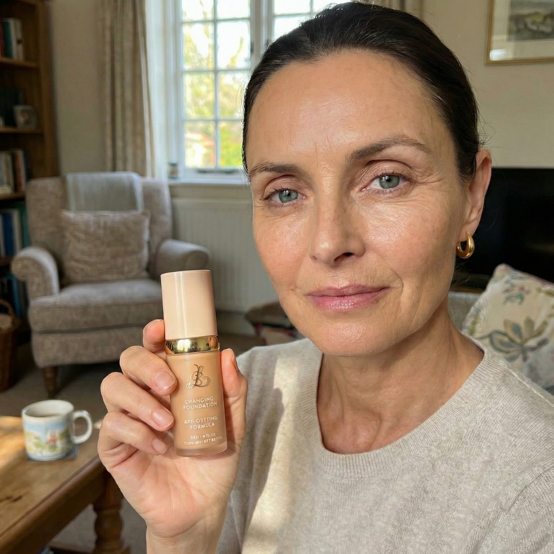 A woman with her hair pulled back holds a bottle of Changing Foundation in a living room.