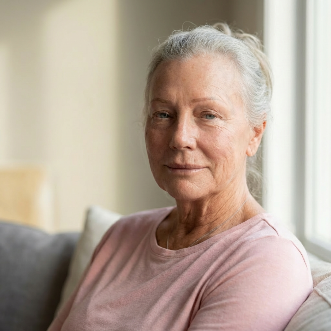 Older woman with gray hair sitting by a bright window, wearing a pink shirt.