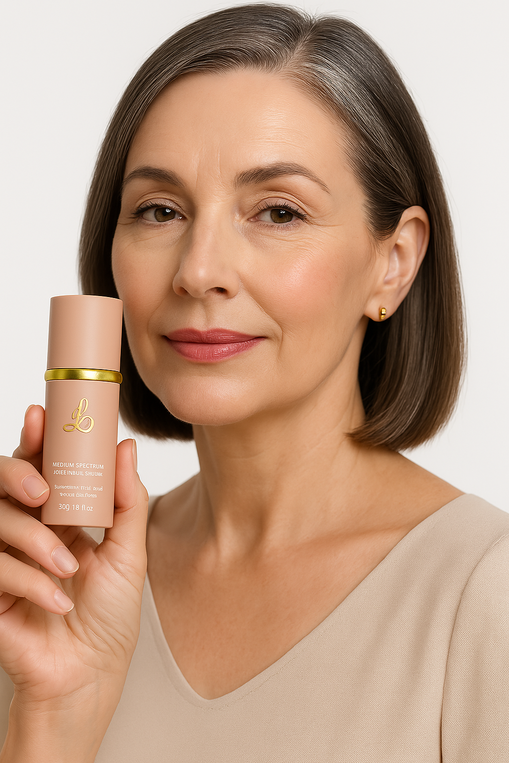 Person holding a skincare product bottle, smiling gently.