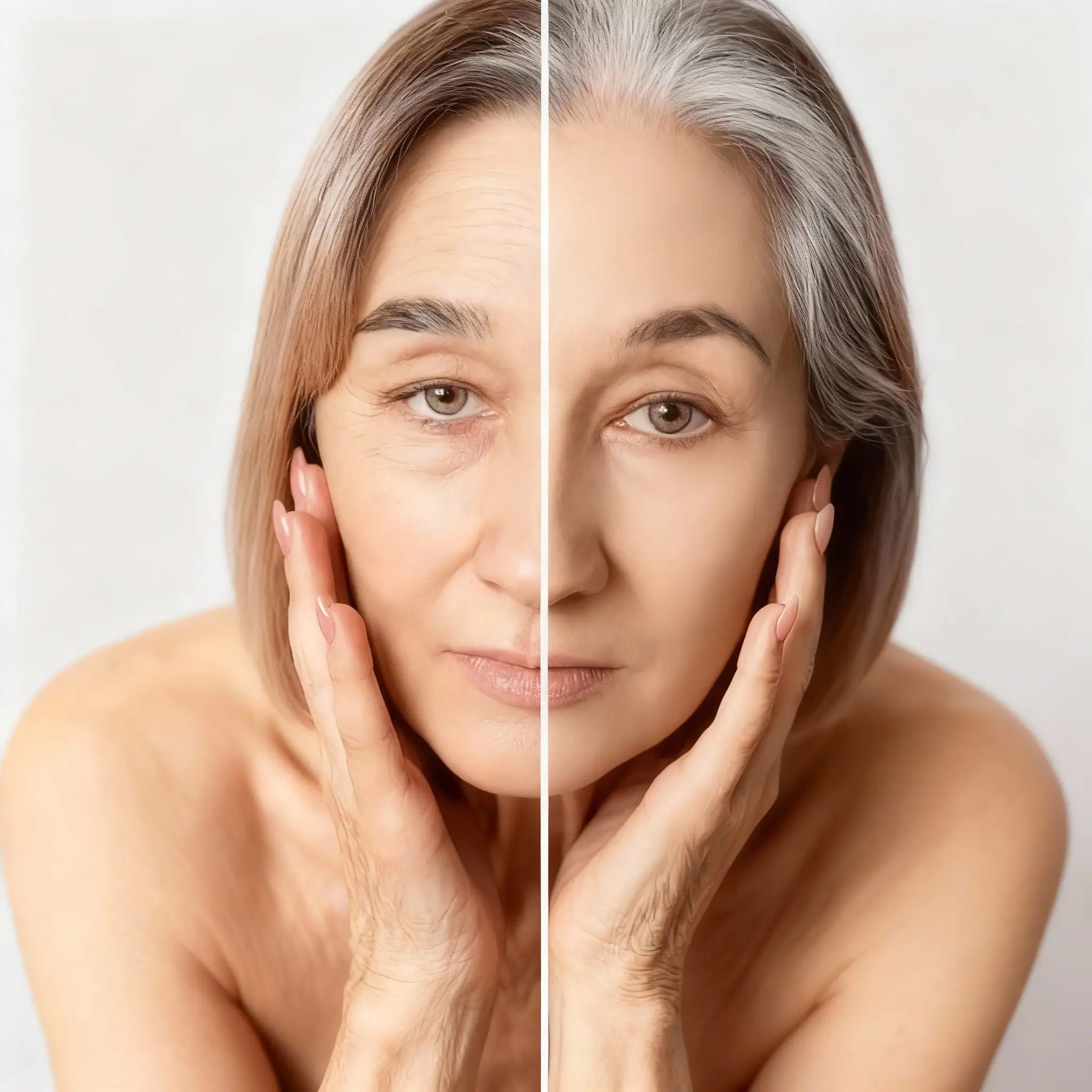 Split image of an older woman showing different facial aging on each side.