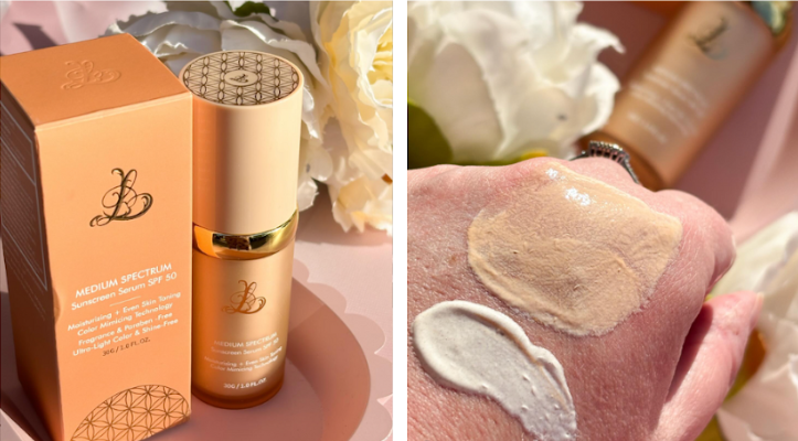 Bottle of serum with SPF and box next to flowers; swatches on a hand.